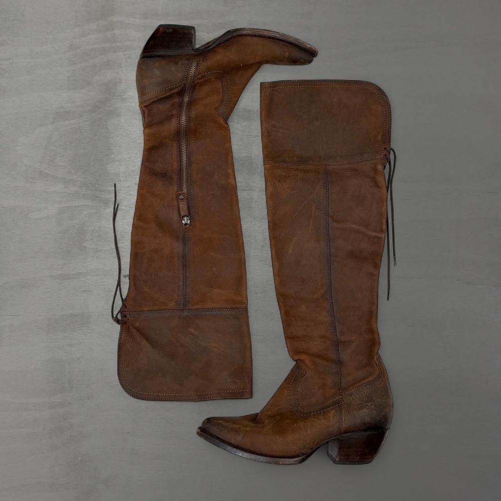 Frye Over The Knee Boots Dark Brown Leather Western Lace Up 8.5B